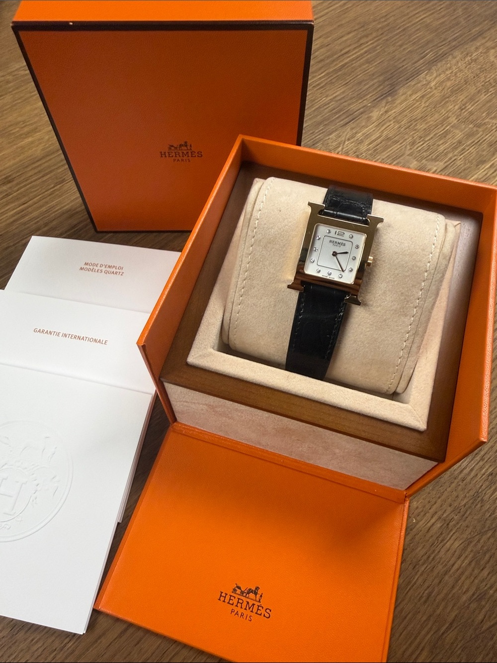 Hermès H Square Watch with Orange Hermes Box and booklets